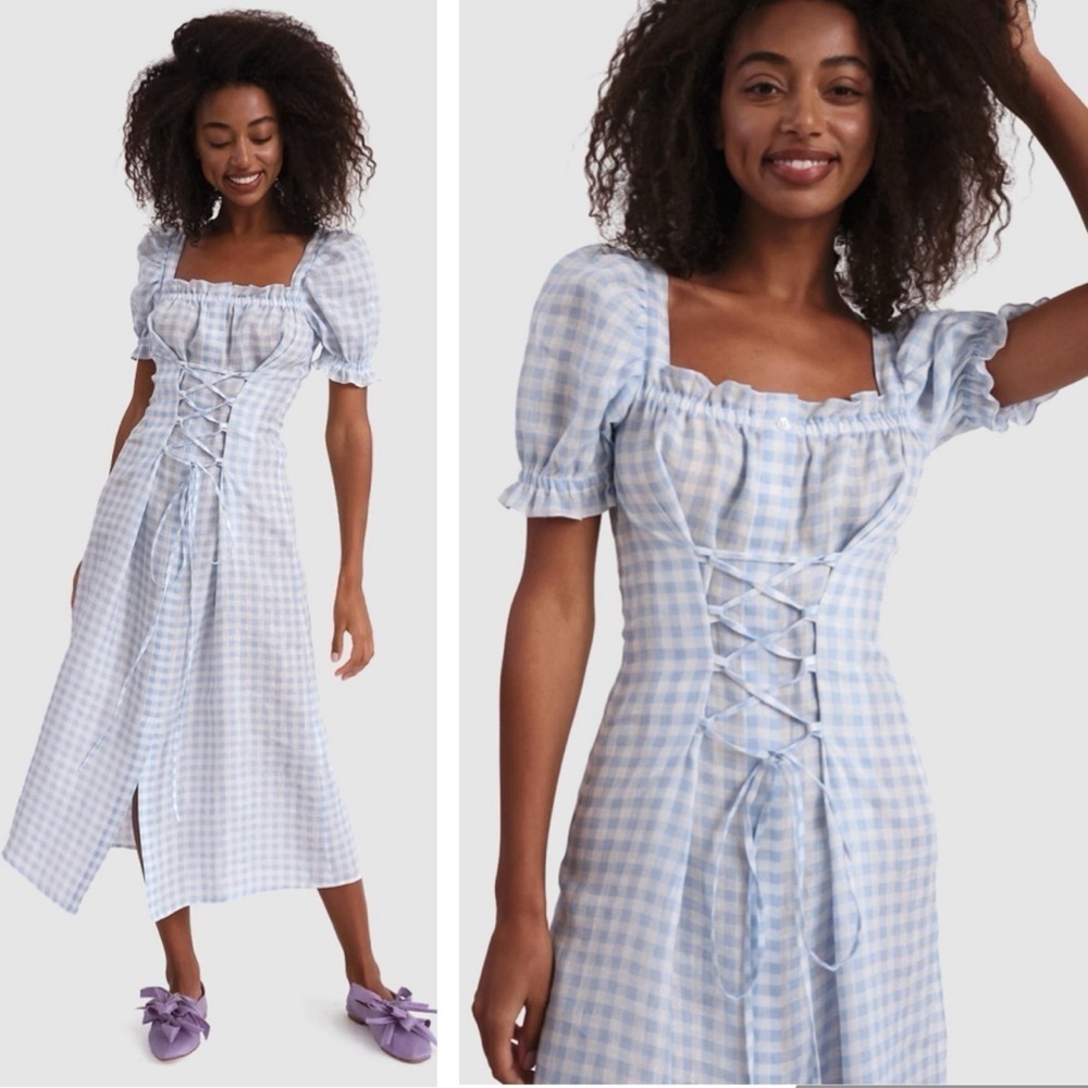 NWT Sleeper Blue / White Gingham Marquise Corseted 100% Linen Midi Dress size S